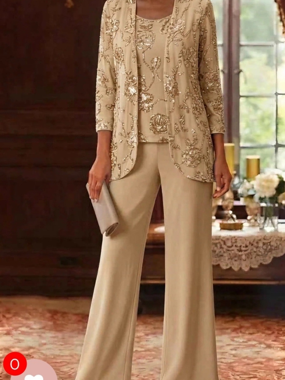 Embellished Two-Piece Wide-Leg Pantsuit in Champagne
